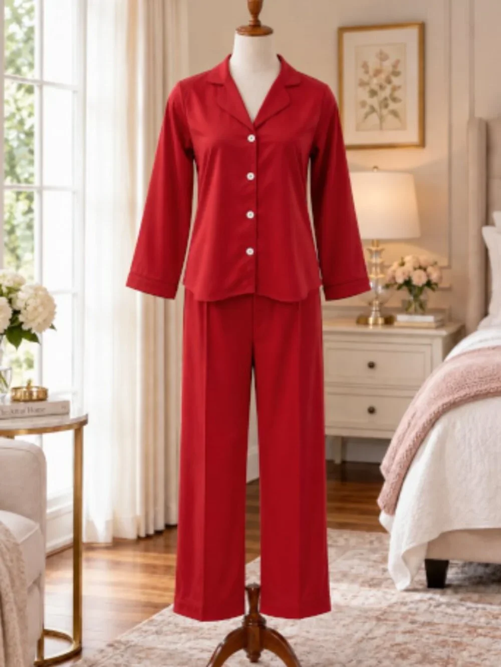 SoieRose Red 100% Cotton Classic Cotton Pajama Set for Women - SR-1343